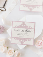 Collezione Blush e Crema Biglietto di nozze Save the Date tagliato al laser