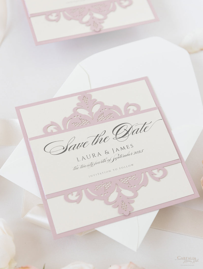 Collezione Blush e Crema Biglietto di nozze Save the Date tagliato al laser