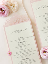 Le menu d'opulence en or rose / Order of Service Luxury Laser Cut Menu avec ruban