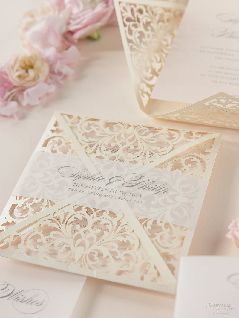 Champagne Laser Cut Lace Pocketfold Wedding Invitation + Wedding Wish Set