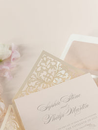 Champagne Laser Cut Lace Pocketfold Wedding Invitation + Wedding Wish Set