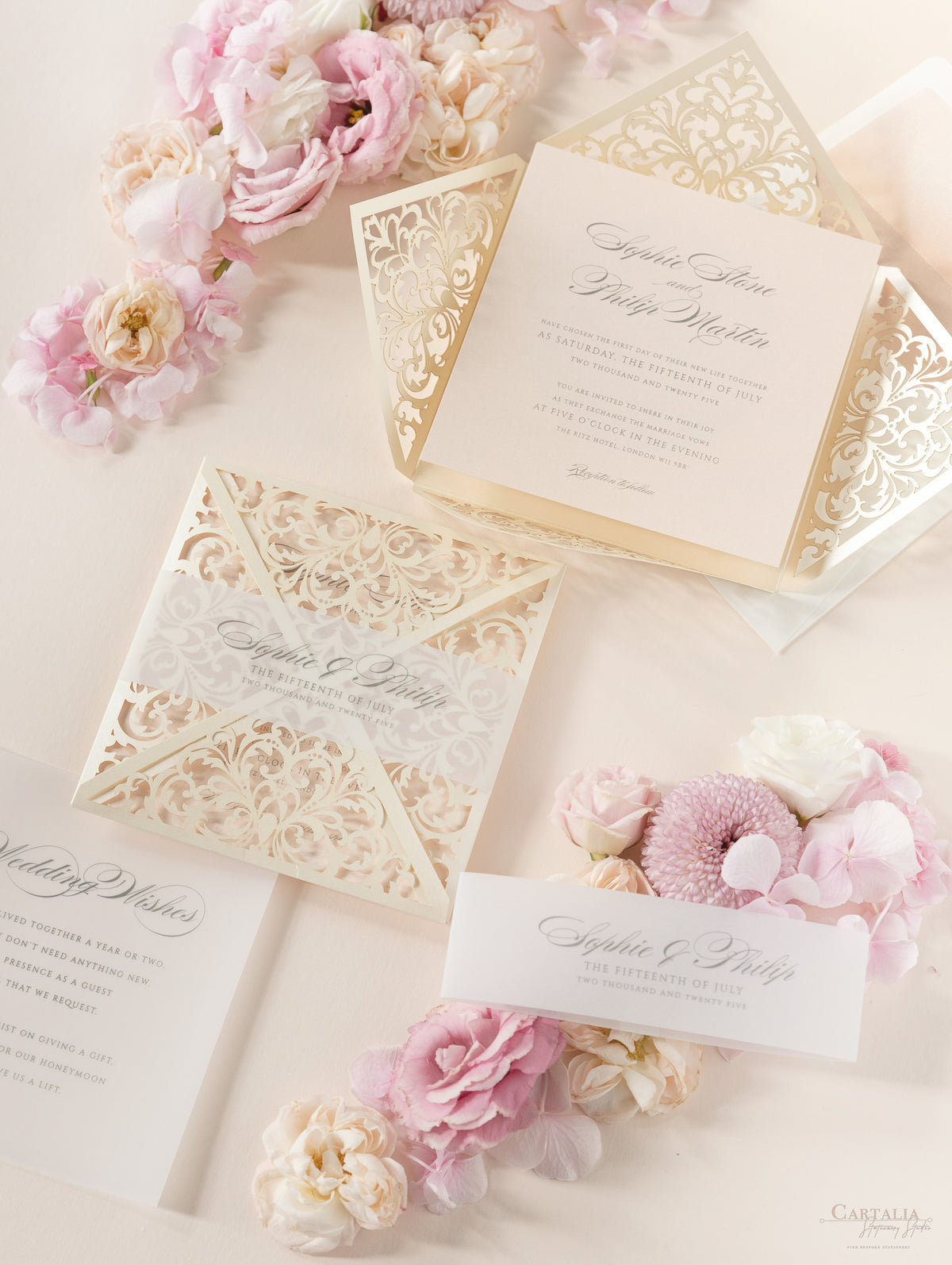 Champagne Laser Cut Lace Pocketfold Wedding Invitation + Wedding Wish Set