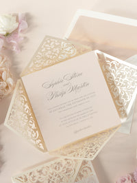 Champagne Laser Cut Lace Pocketfold Wedding Invitation + Wedding Wish Set