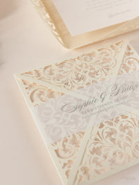 Champagne Laser Cut Lace Pocketfold Wedding Invitation + Wedding Wish Set