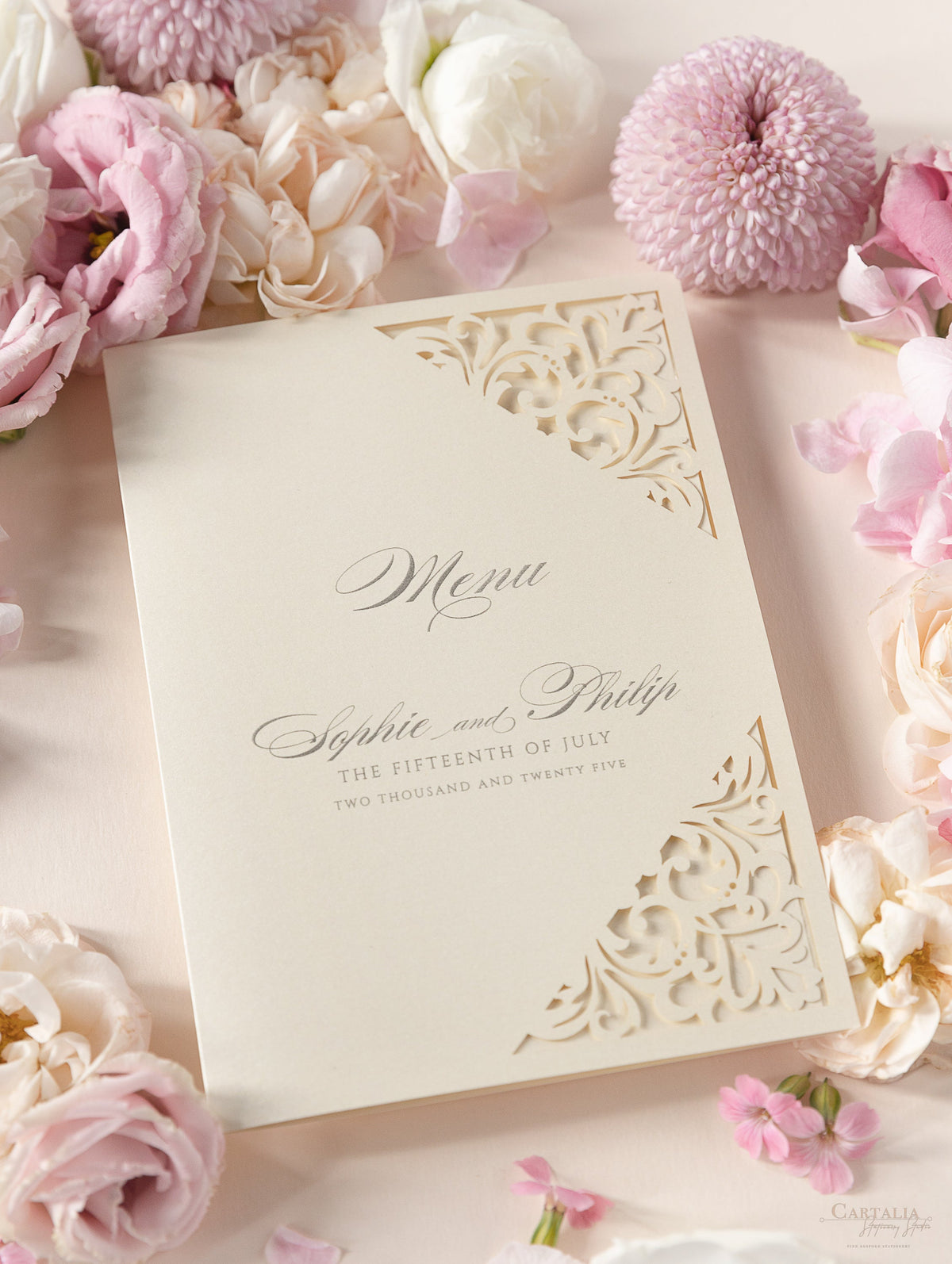 Champagne Laser Cut Lace Pocketfold Menu / Order of Service