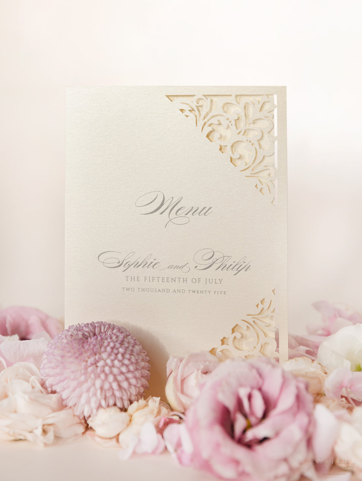 Champagne Laser Cut Lace Pocketfold Menu / Order of Service