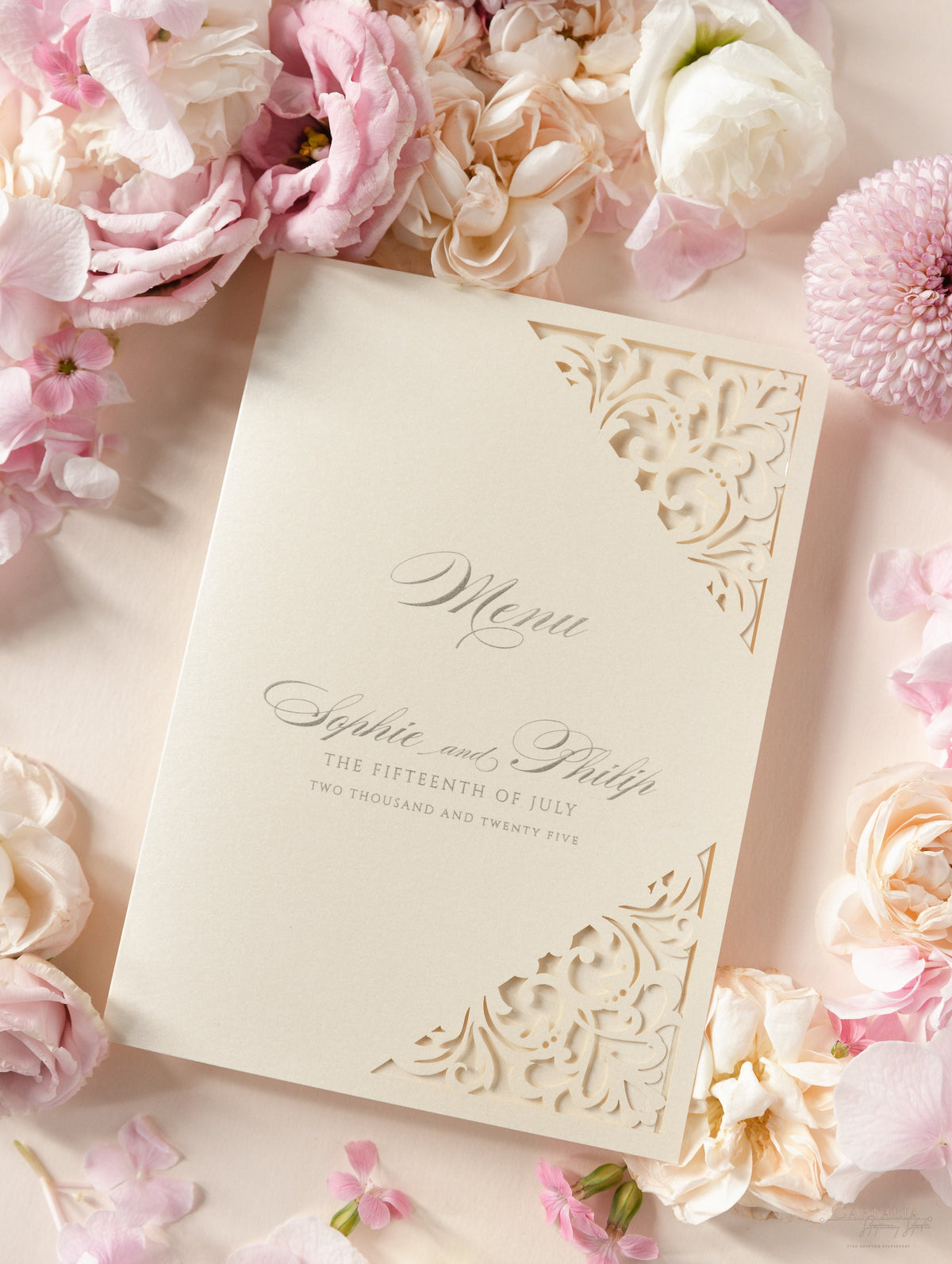 Champagne Laser Cut Lace Pocketfold Menu / Order of Service