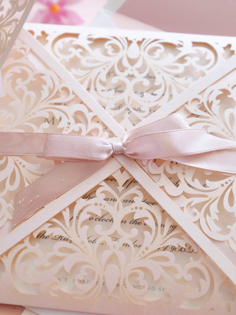 Soft Peach Laser Cut Lace Pocketfold Wedding Invitation with Satin Ribbon + Wedding Wish Set