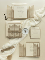 Set di inviti di nozze con taglio laser romantico cancello ornamentale con RSVP e fascia addominale personalizzata