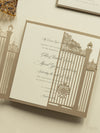 Set di inviti di nozze con taglio laser romantico cancello ornamentale con RSVP e fascia addominale personalizzata