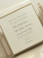 Set di inviti di nozze con taglio laser romantico cancello ornamentale con RSVP e fascia addominale personalizzata