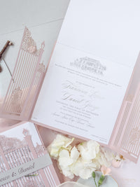 Bespoke Commission Illustration Venue Ornamental Gate Laser Cut Modern Square Wedding Invitation Die Cut Envelope + Rsvp Card