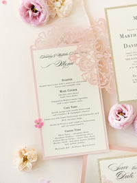 Il menu Opulence in oro rosa / Ordine di servizio Menu di lusso tagliato al laser con nastro