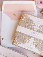 Gold Glitter Sparkle Laser cut Set Wedding Invitation with Monogram Belly Band