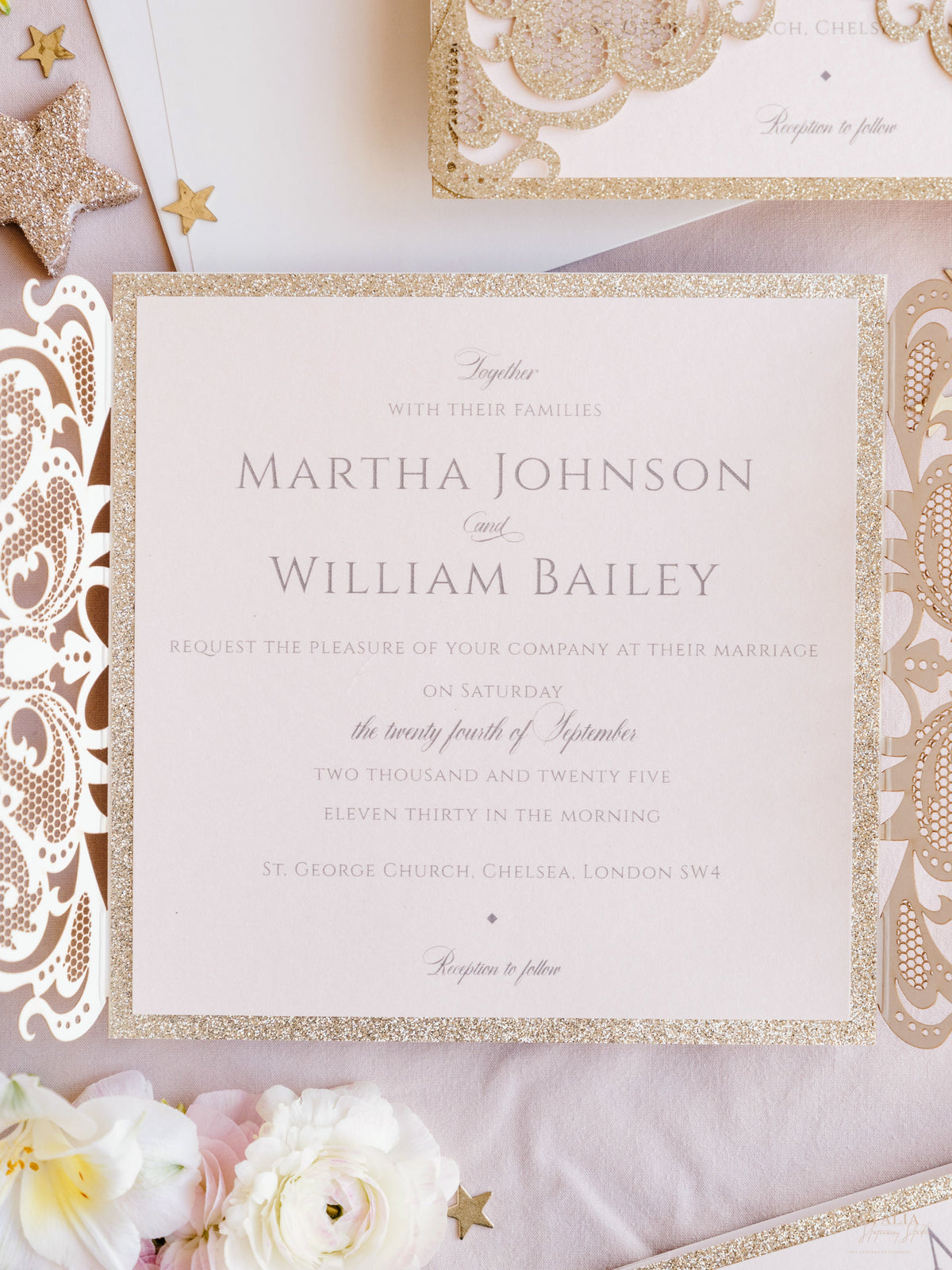 Gold Glitter Sparkle Laser cut Set Wedding Invitation with Monogram Belly Band