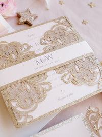 Gold Glitter Sparkle Laser cut Set Wedding Invitation with Monogram Belly Band