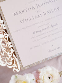 Gold Glitter Sparkle Laser cut Set Wedding Invitation with Monogram Belly Band