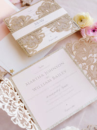 Gold Glitter Sparkle Laser Cut Set Invitation de mariage avec monogramme de ventre monogramme