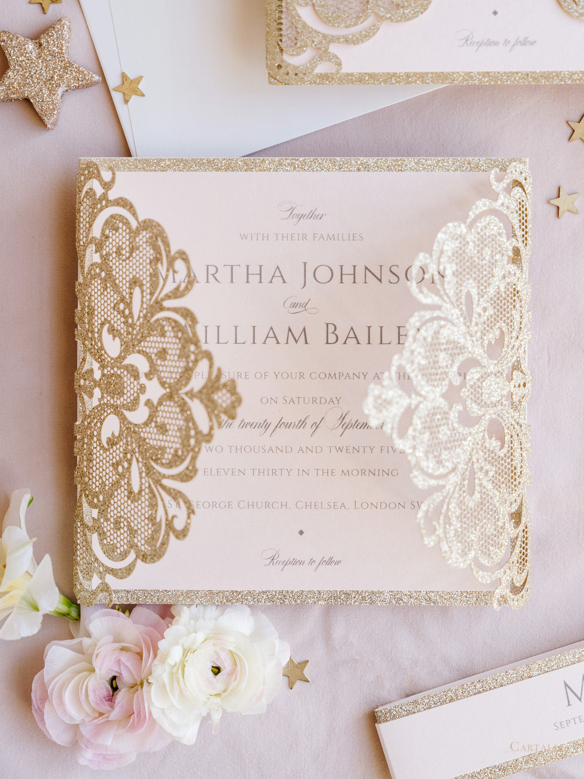 Gold Glitter Sparkle Laser cut Set Wedding Invitation with Monogram Belly Band