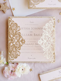 Gold Glitter Sparkle Laser cut Set Wedding Invitation with Monogram Belly Band