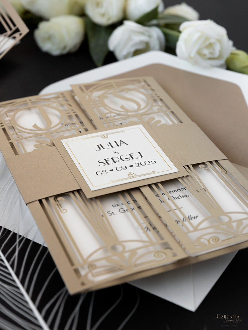 Cancello dorato Hollywood Lasercut, invito a nozze Grande Gatsby con monogramma della fascia di pancia