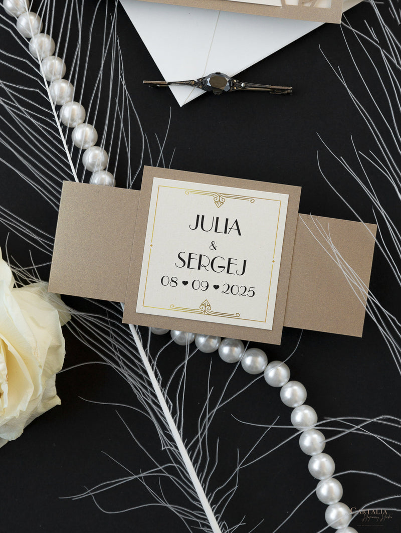 Cancello dorato Hollywood Lasercut, invito a nozze Grande Gatsby con monogramma della fascia di pancia