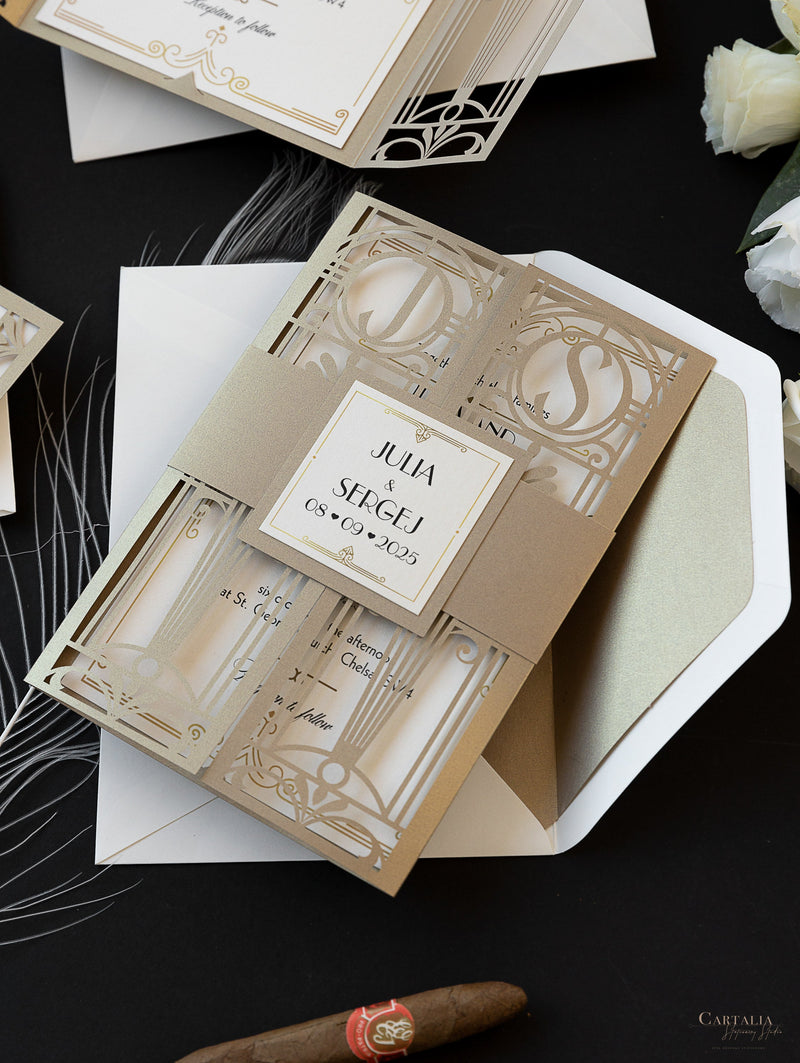Cancello dorato Hollywood Lasercut, invito a nozze Grande Gatsby con monogramma della fascia di pancia