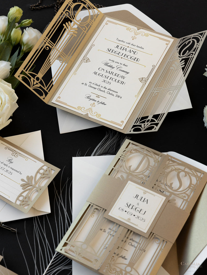 Cancello dorato Hollywood Lasercut, invito a nozze Grande Gatsby con monogramma della fascia di pancia