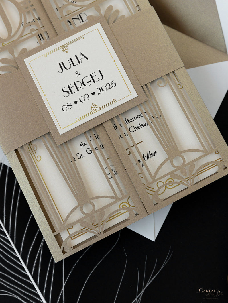 Cancello dorato Hollywood Lasercut, invito a nozze Grande Gatsby con monogramma della fascia di pancia
