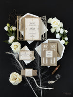Cancello dorato Hollywood Lasercut, invito a nozze Grande Gatsby con monogramma della fascia di pancia