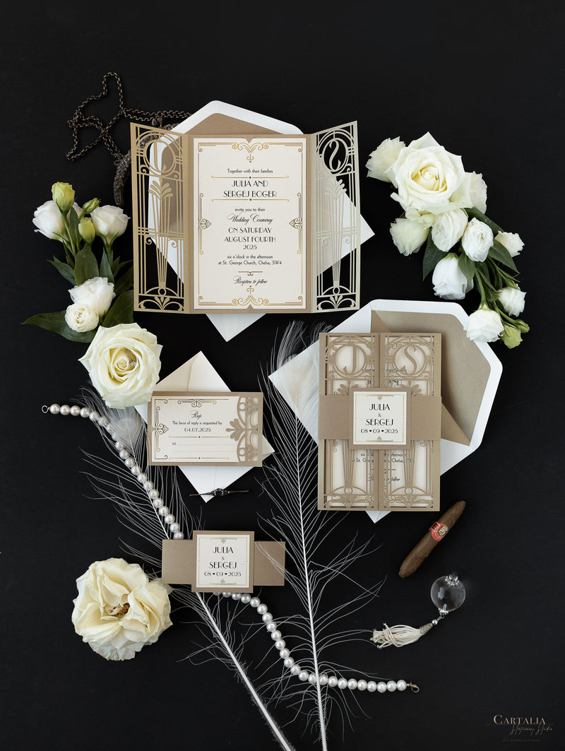 Cancello dorato Hollywood Lasercut, invito a nozze Grande Gatsby con monogramma della fascia di pancia