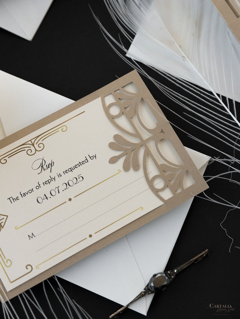 Cancello dorato Hollywood Lasercut, invito a nozze Grande Gatsby con monogramma della fascia di pancia