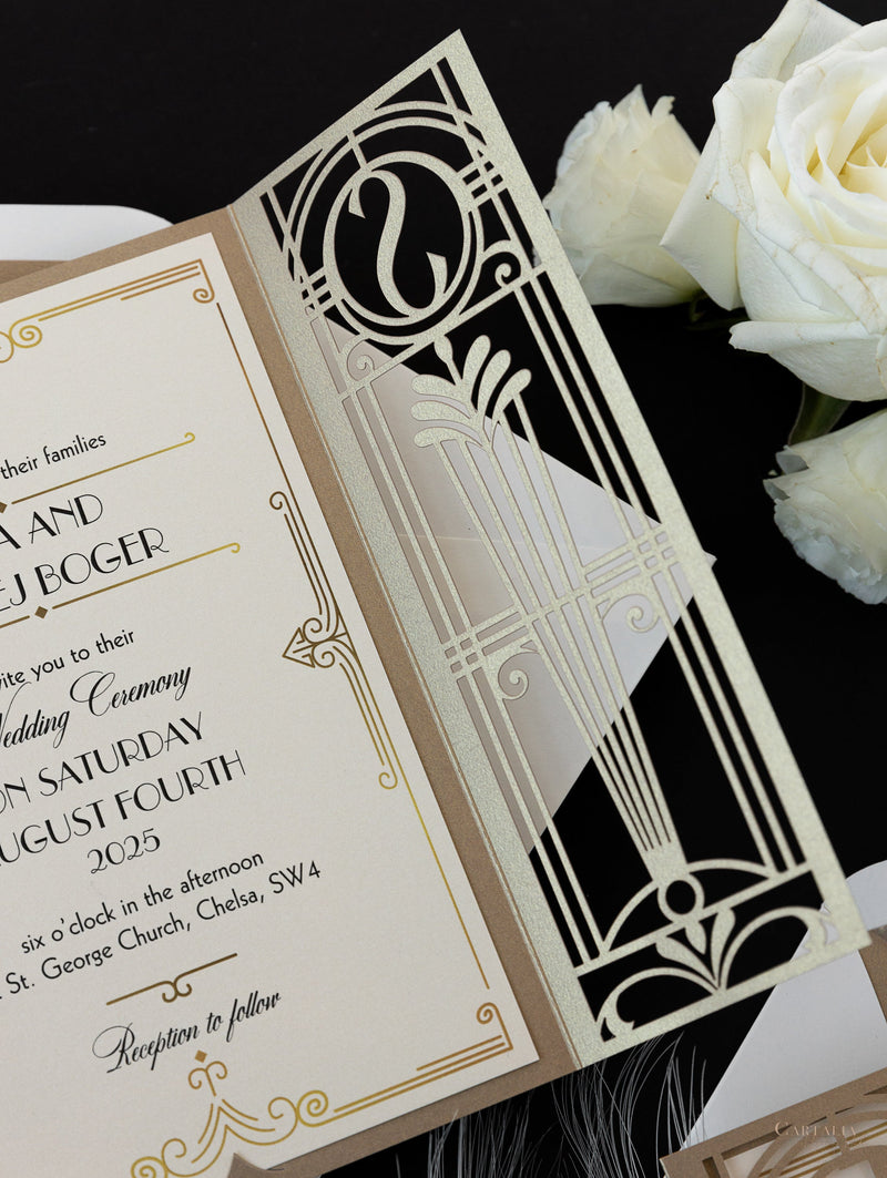 Cancello dorato Hollywood Lasercut, invito a nozze Grande Gatsby con monogramma della fascia di pancia