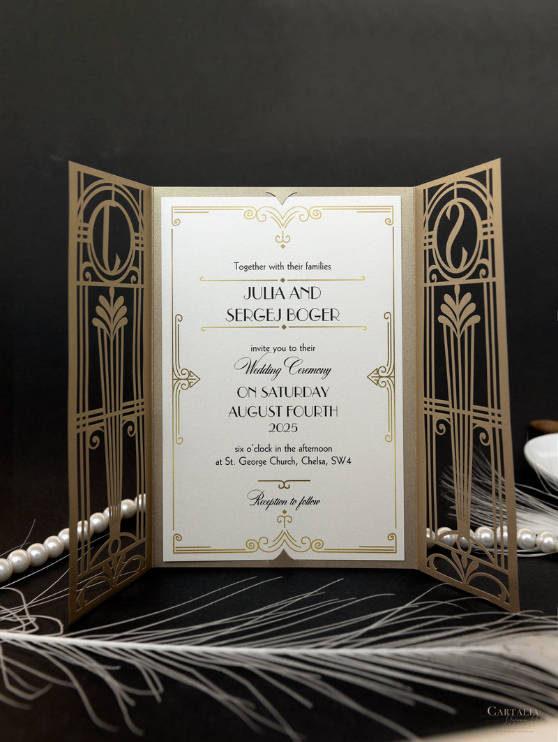 Cancello dorato Hollywood Lasercut, invito a nozze Grande Gatsby con monogramma della fascia di pancia