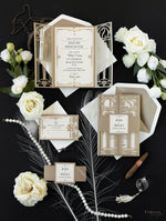 Cancello dorato Hollywood Lasercut, invito a nozze Grande Gatsby con monogramma della fascia di pancia
