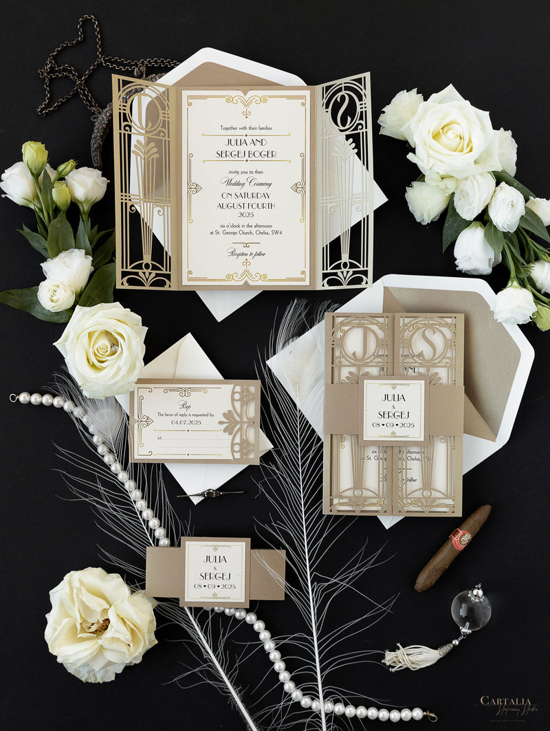 Cancello dorato Hollywood Lasercut, invito a nozze Grande Gatsby con monogramma della fascia di pancia