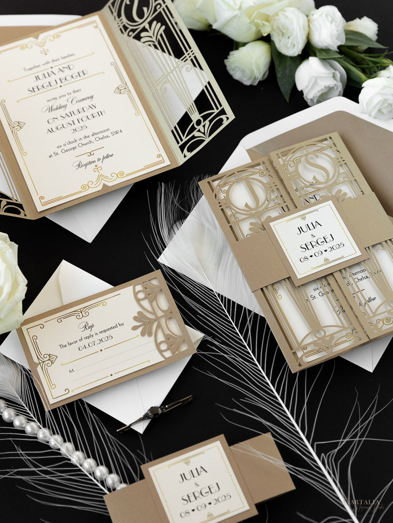 Cancello dorato Hollywood Lasercut, invito a nozze Grande Gatsby con monogramma della fascia di pancia