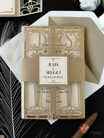 Cancello dorato Hollywood Lasercut, invito a nozze Grande Gatsby con monogramma della fascia di pancia