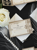Cancello dorato Hollywood Lasercut, invito a nozze Grande Gatsby con monogramma della fascia di pancia