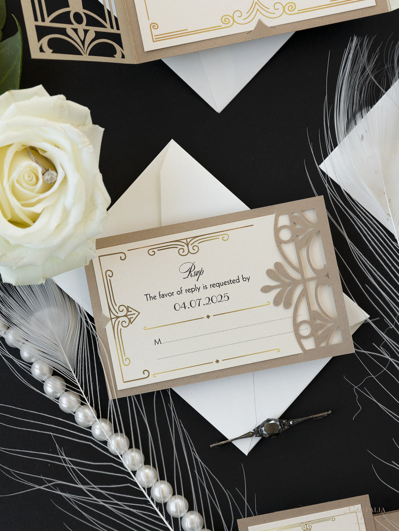 Cancello dorato Hollywood Lasercut, invito a nozze Grande Gatsby con monogramma della fascia di pancia