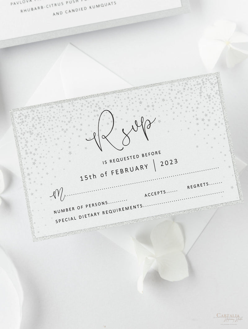 White Winter a Snowflake Laser Cut Gatefold Wedding Day Invitation with Glitter Backing