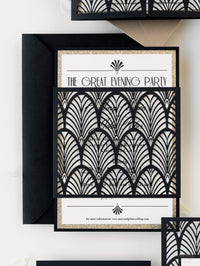 Invito a sera di nozze con manica tagliata al laser Gatsby Gate di lusso in stile Art Déco anni '20 scintillante