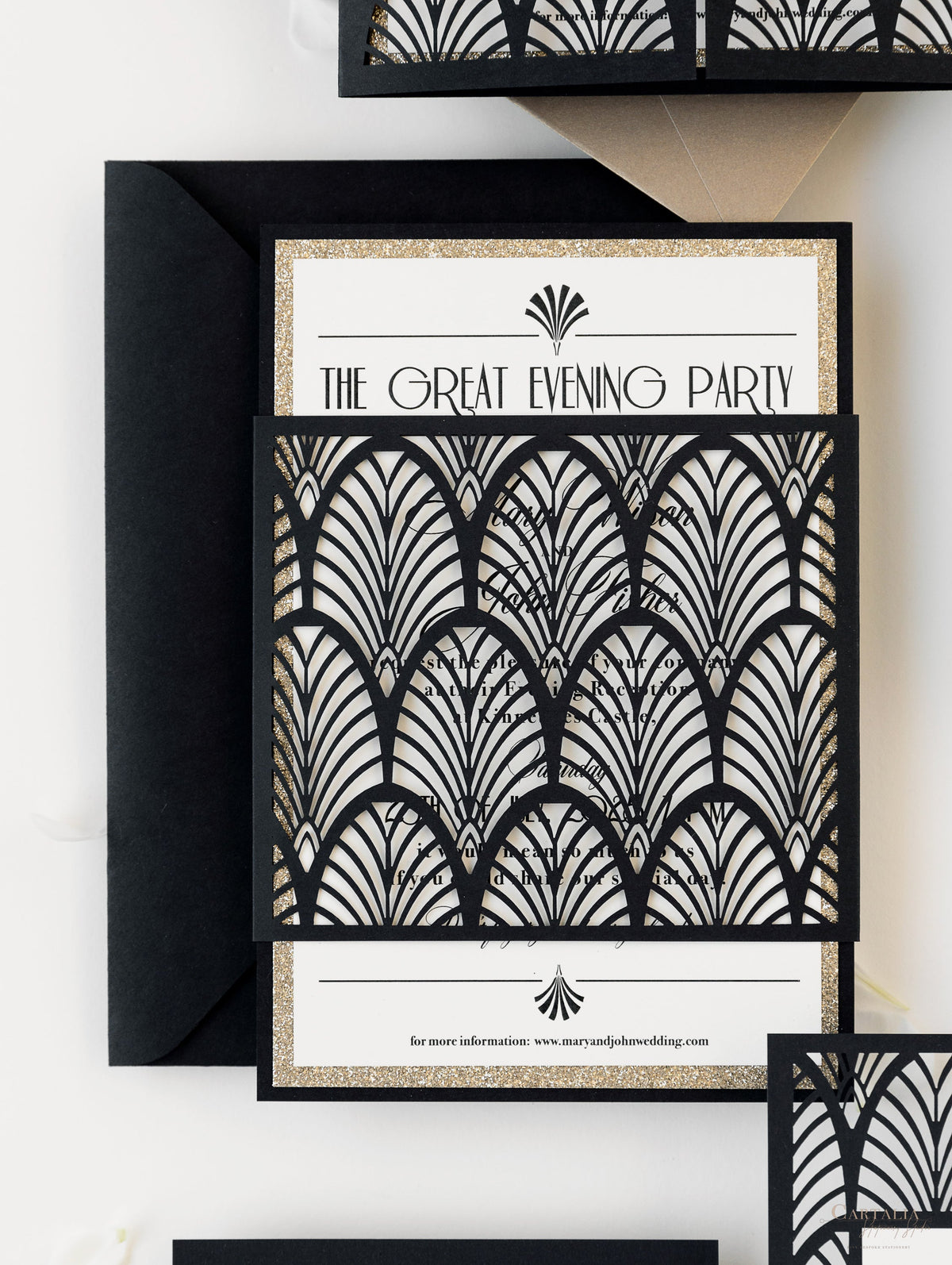 Luxury Glittering Art Deco 20s Gatsby Gate Laser Cut Sleeve Wedding Evening Invitation