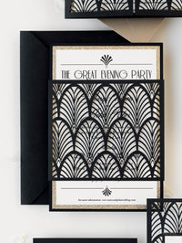 Luxury Glittering Art Deco 20s Gatsby Gate Laser Cut Sleeve Wedding Evening Invitation