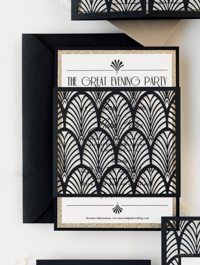Invito a sera di nozze con manica tagliata al laser Gatsby Gate di lusso in stile Art Déco anni '20 scintillante