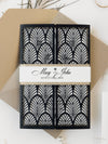 Invito per il giorno delle nozze apribile con taglio laser Gatsby Gate di lusso scintillante in stile Art Déco anni '20 con buste dorate