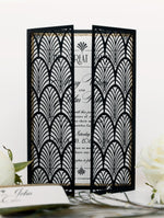 Invito per il giorno delle nozze apribile con taglio laser Gatsby Gate di lusso scintillante in stile Art Déco anni '20 con buste dorate