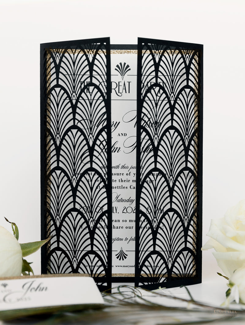 Invito per il giorno delle nozze apribile con taglio laser Gatsby Gate di lusso scintillante in stile Art Déco anni '20 con buste dorate