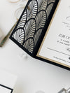 Invito per il giorno delle nozze apribile con taglio laser Gatsby Gate di lusso scintillante in stile Art Déco anni '20 con buste dorate