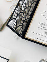 Invito per il giorno delle nozze apribile con taglio laser Gatsby Gate di lusso scintillante in stile Art Déco anni '20 con buste dorate
